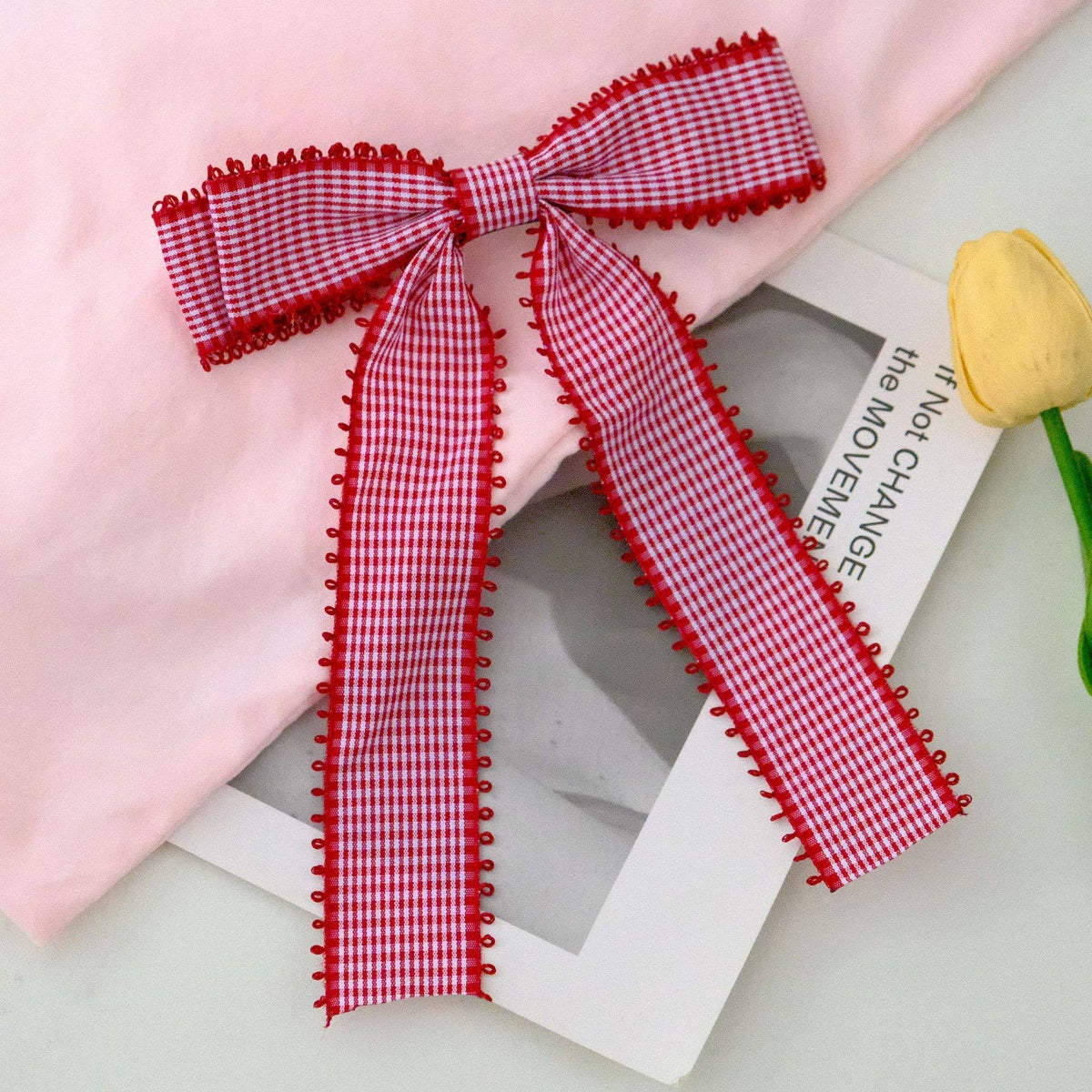 Gingham Lace-Trim Bow Hair Clip