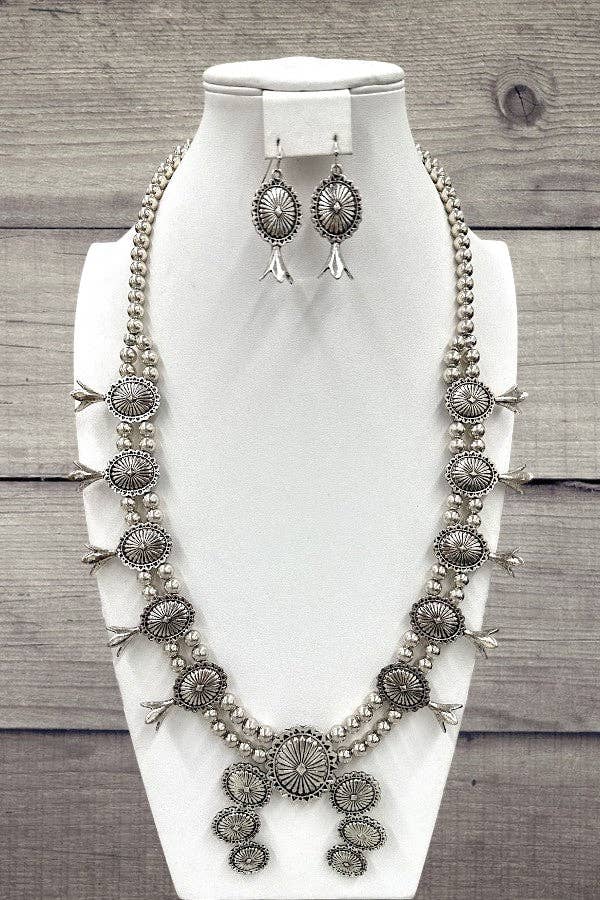 Western Concho Squash Blossom Necklace + Earring Set
