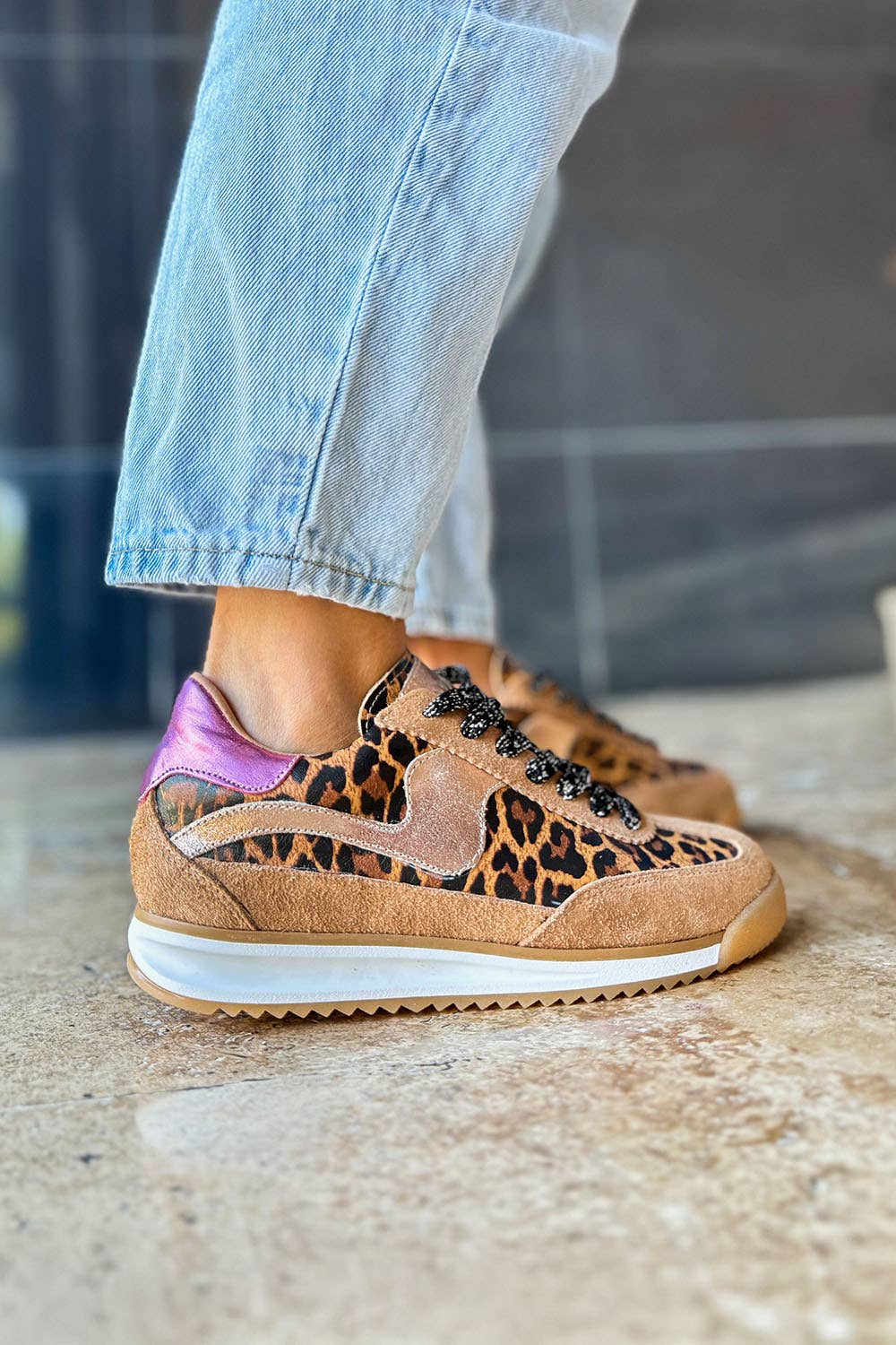 Poema Black Print Cow Leather Sneakers