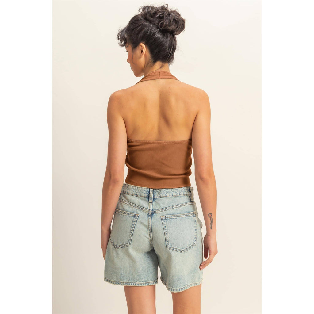 Halter Neck Buttoned Washed Tank Set