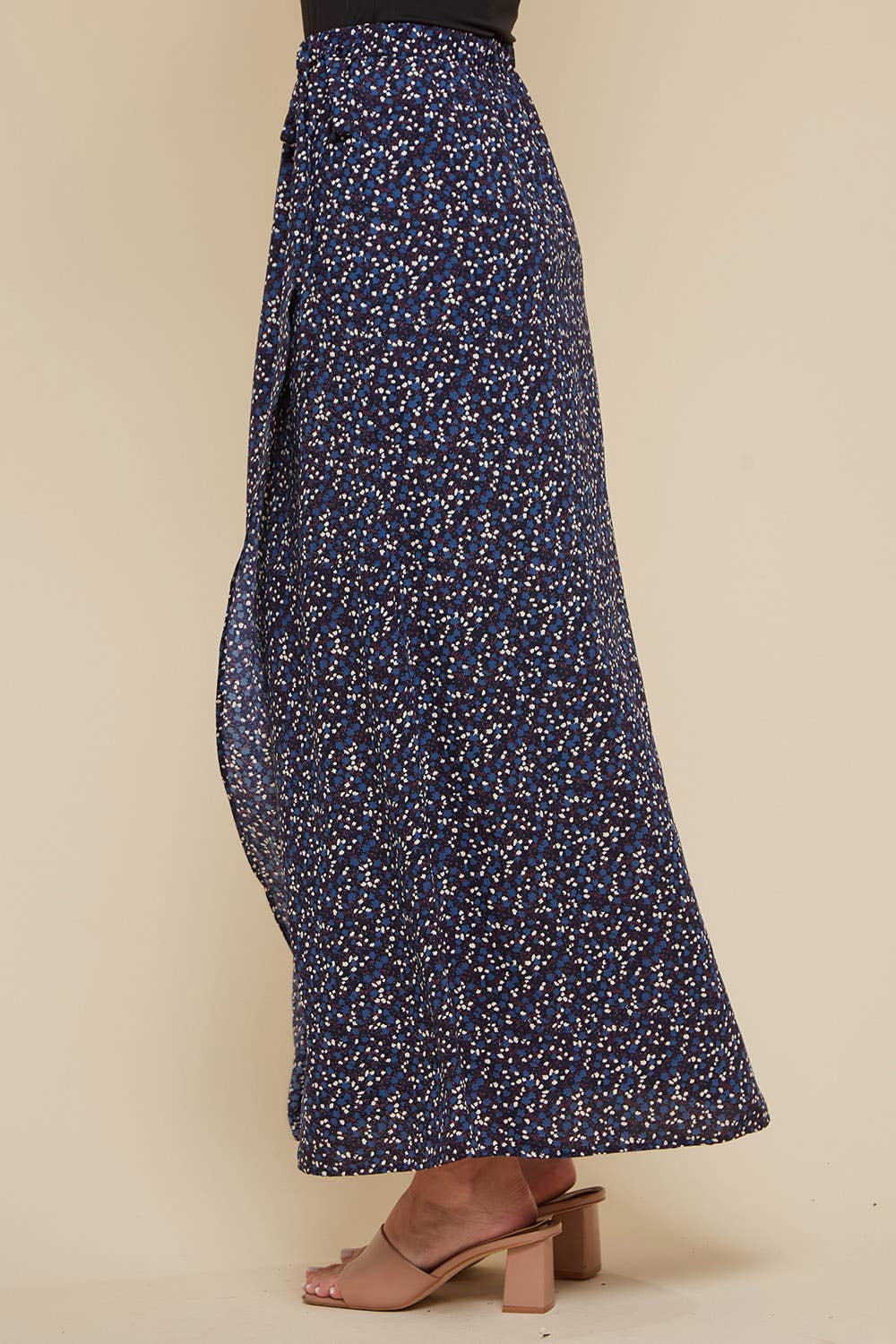 Navy Printed Wrap Midi Skirt
