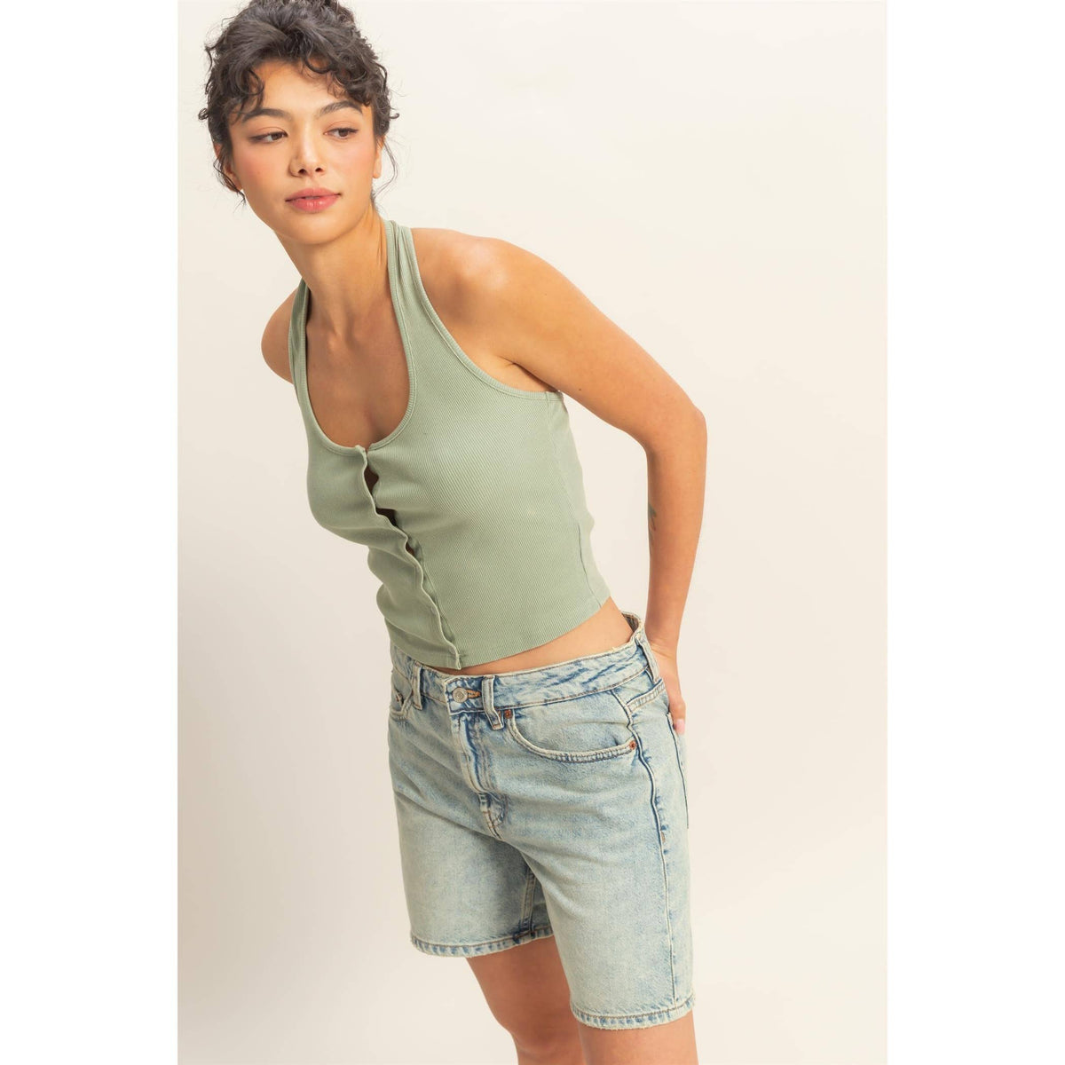Halter Neck Buttoned Washed Tank Set