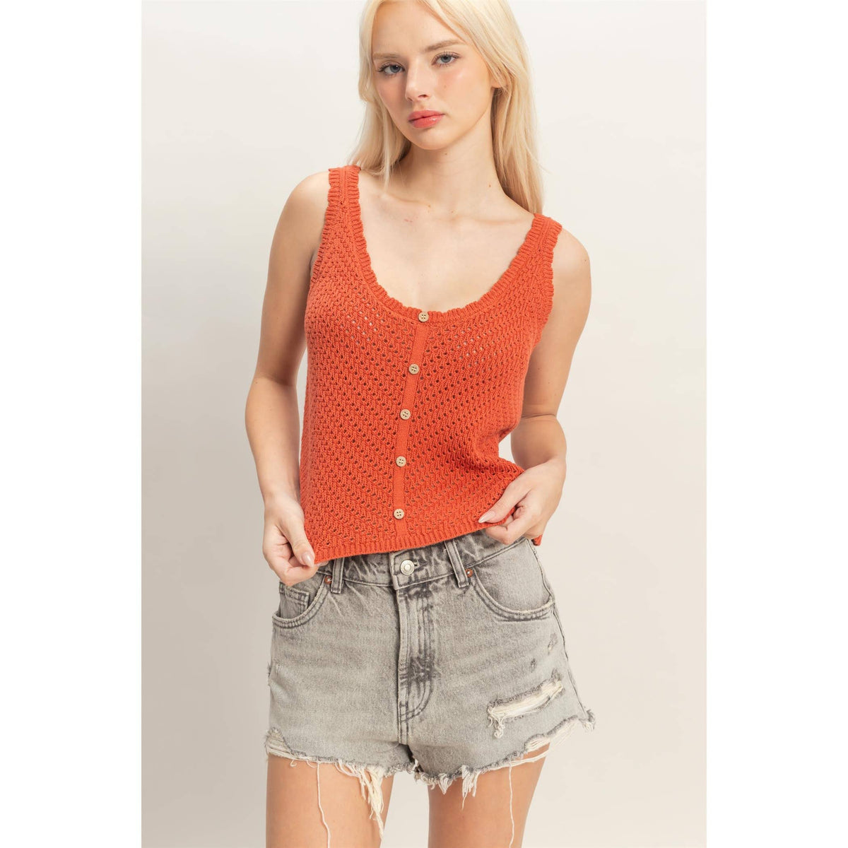 Scallop Button-Front Knit Tank