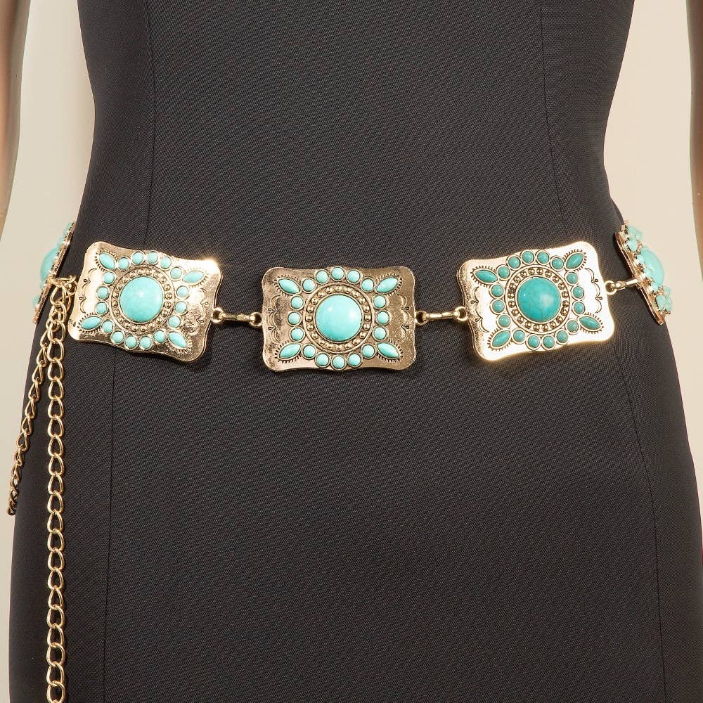 Turquoise Rectangle Concho Chain Belt