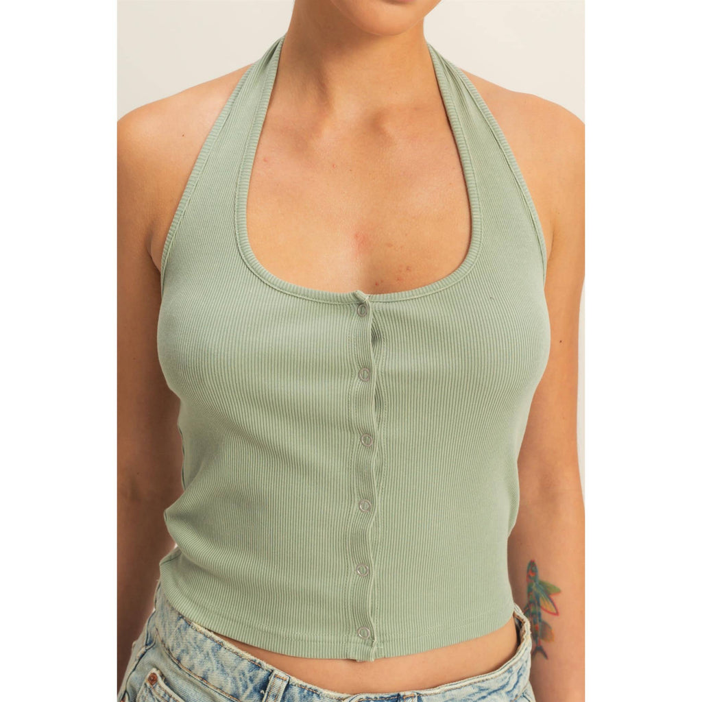 Halter Neck Buttoned Washed Tank Set