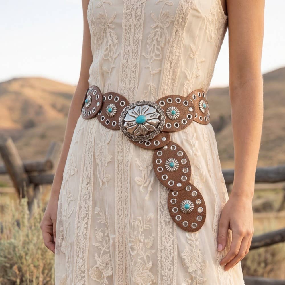 Western Turquoise Concho Disc Leather Belt