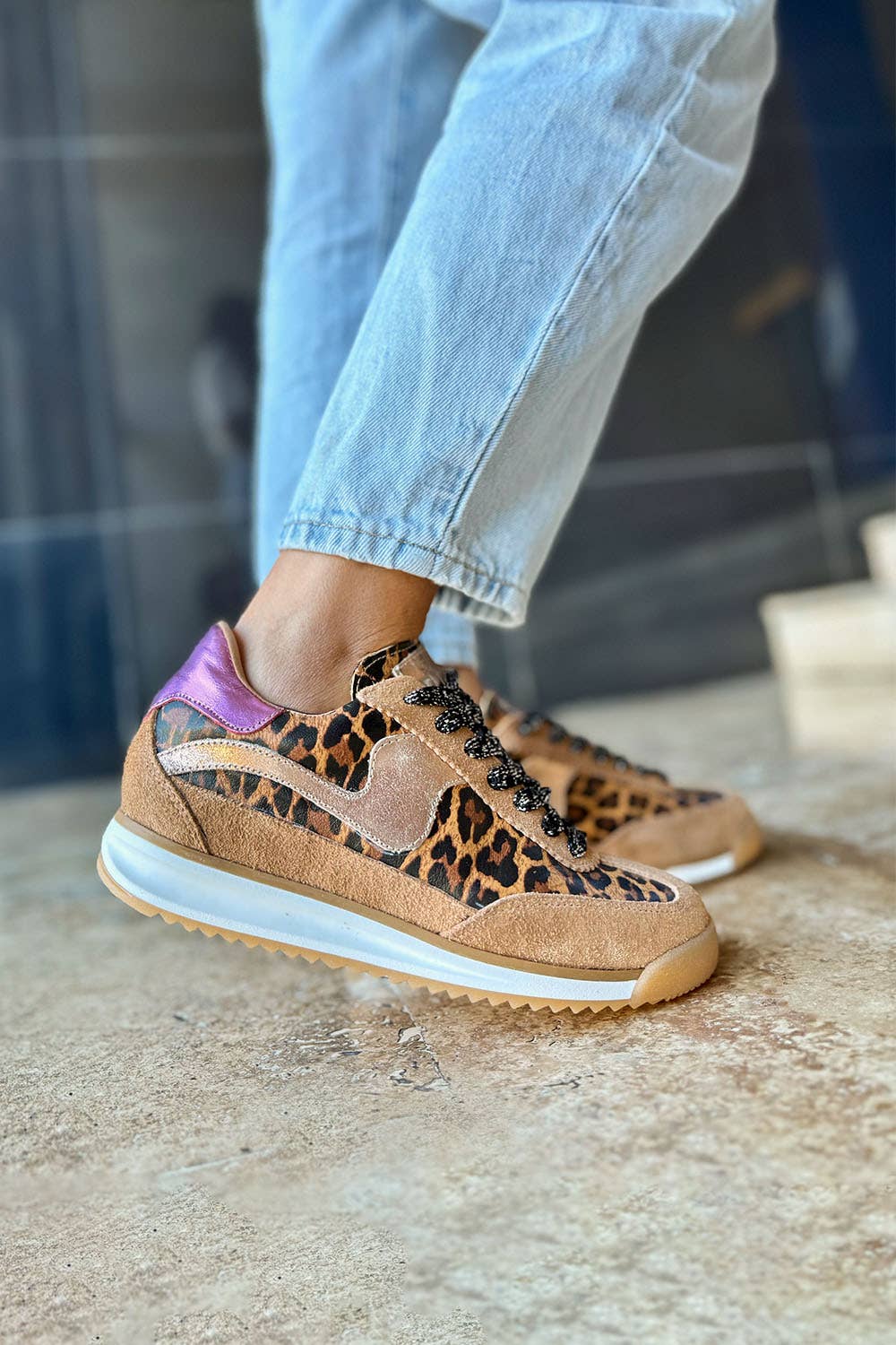 Poema Black Print Cow Leather Sneakers