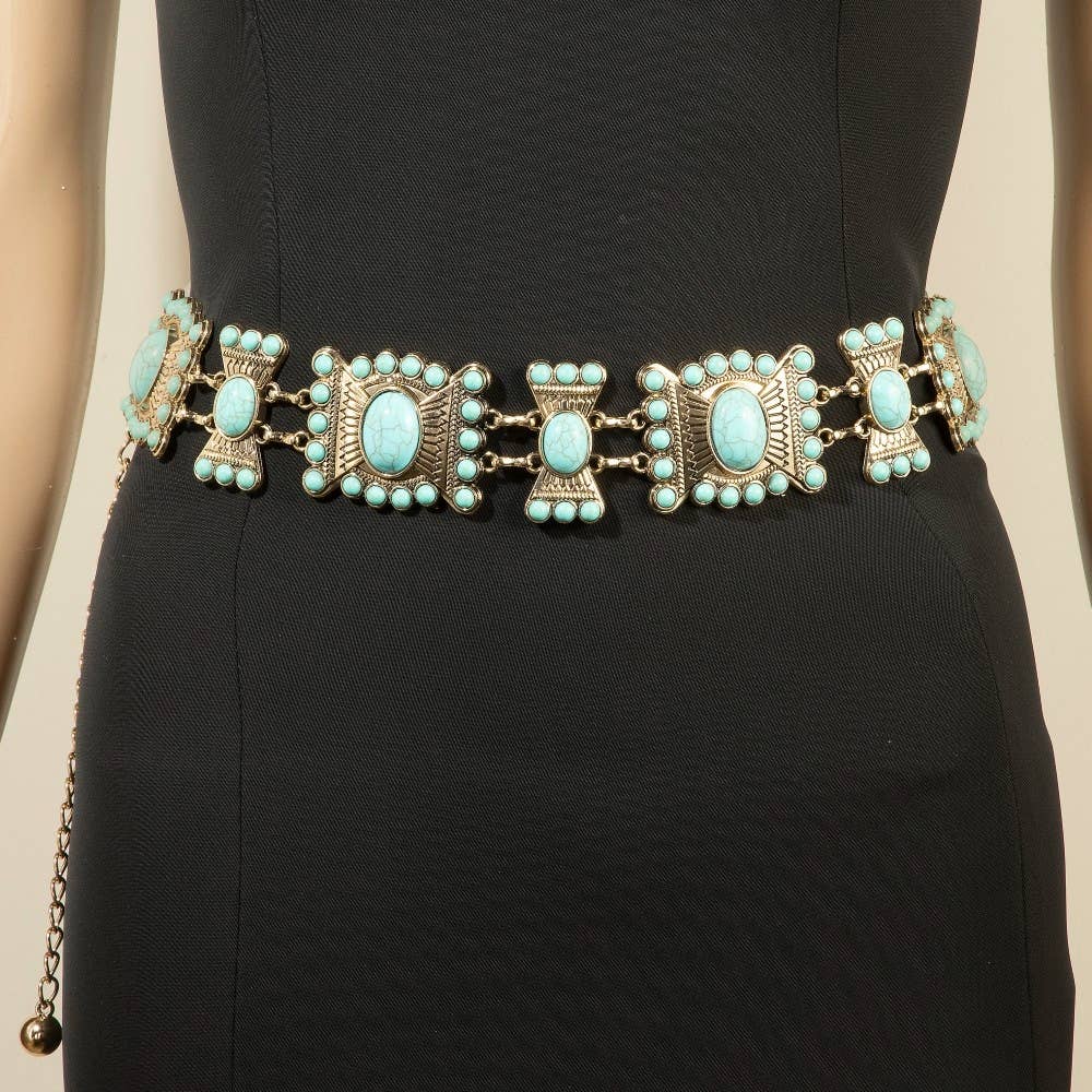 Turquoise Stone Western Concho Chain Belt