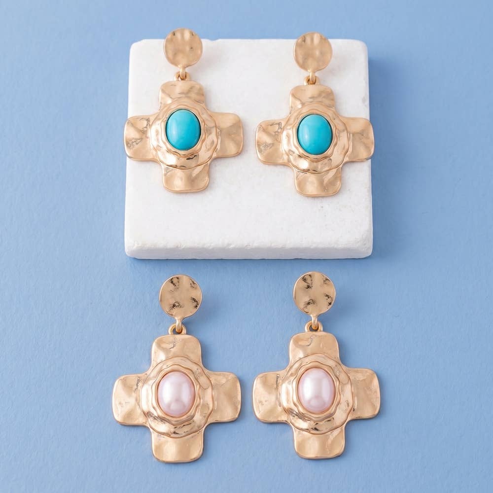 Hammered Cross Drop Earrings With Turquoise Stone