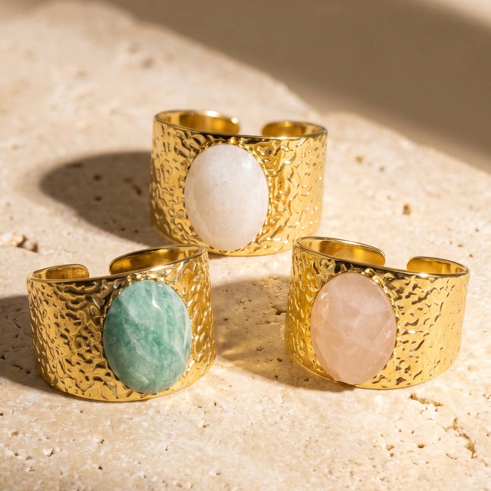 Oval Stone Hammered Cuff Ring