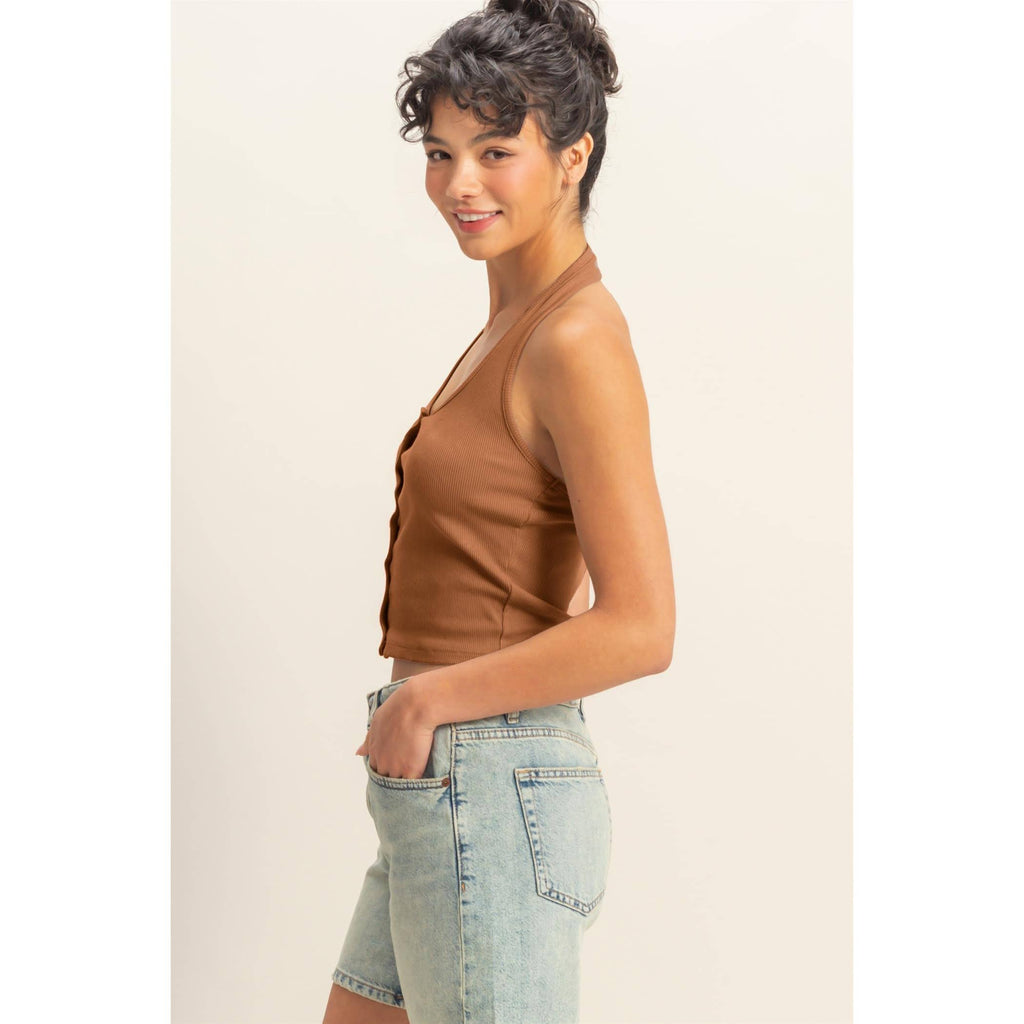 Halter Neck Buttoned Washed Tank Set