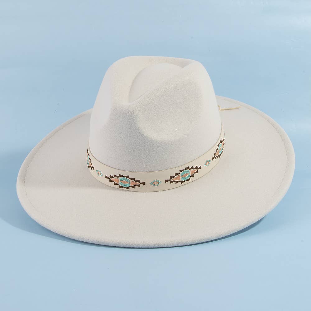 Embroidered Ribbon Wide Brim Fedora