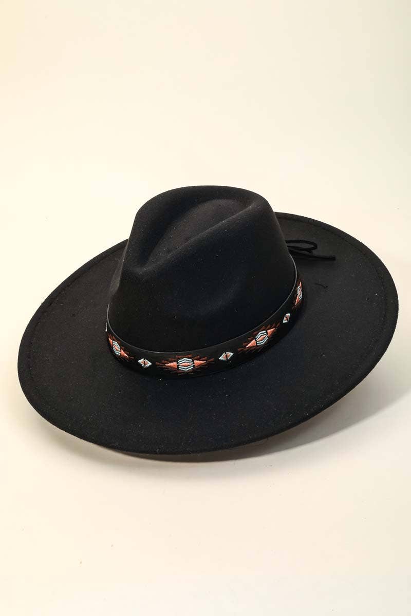 Embroidered Ribbon Wide Brim Fedora