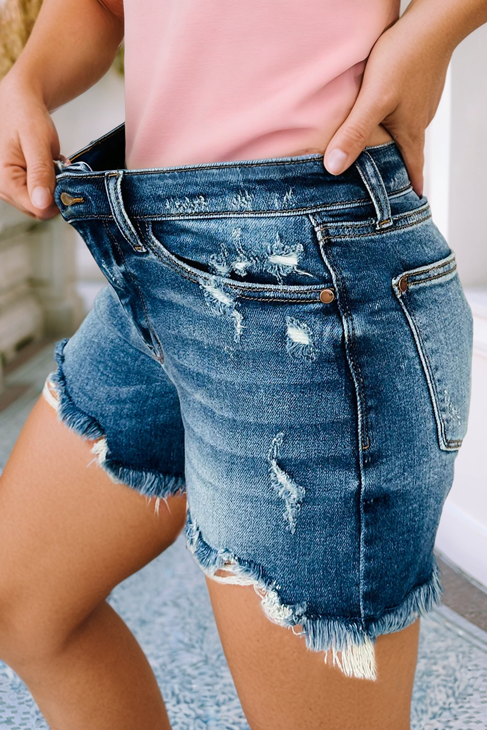 Distressed Raw Hem Denim Shorts