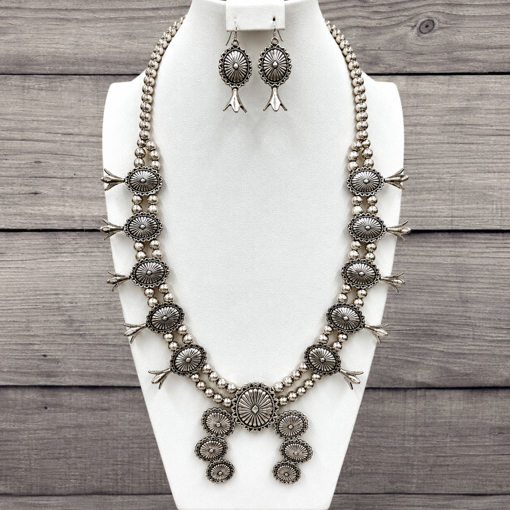 Western Concho Squash Blossom Necklace + Earring Set
