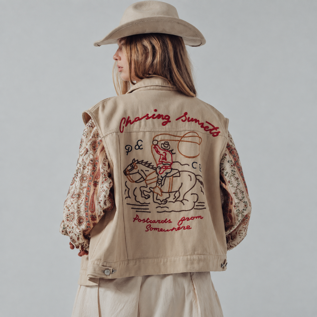 Chasing Sunsets Embroidered Denim Vest