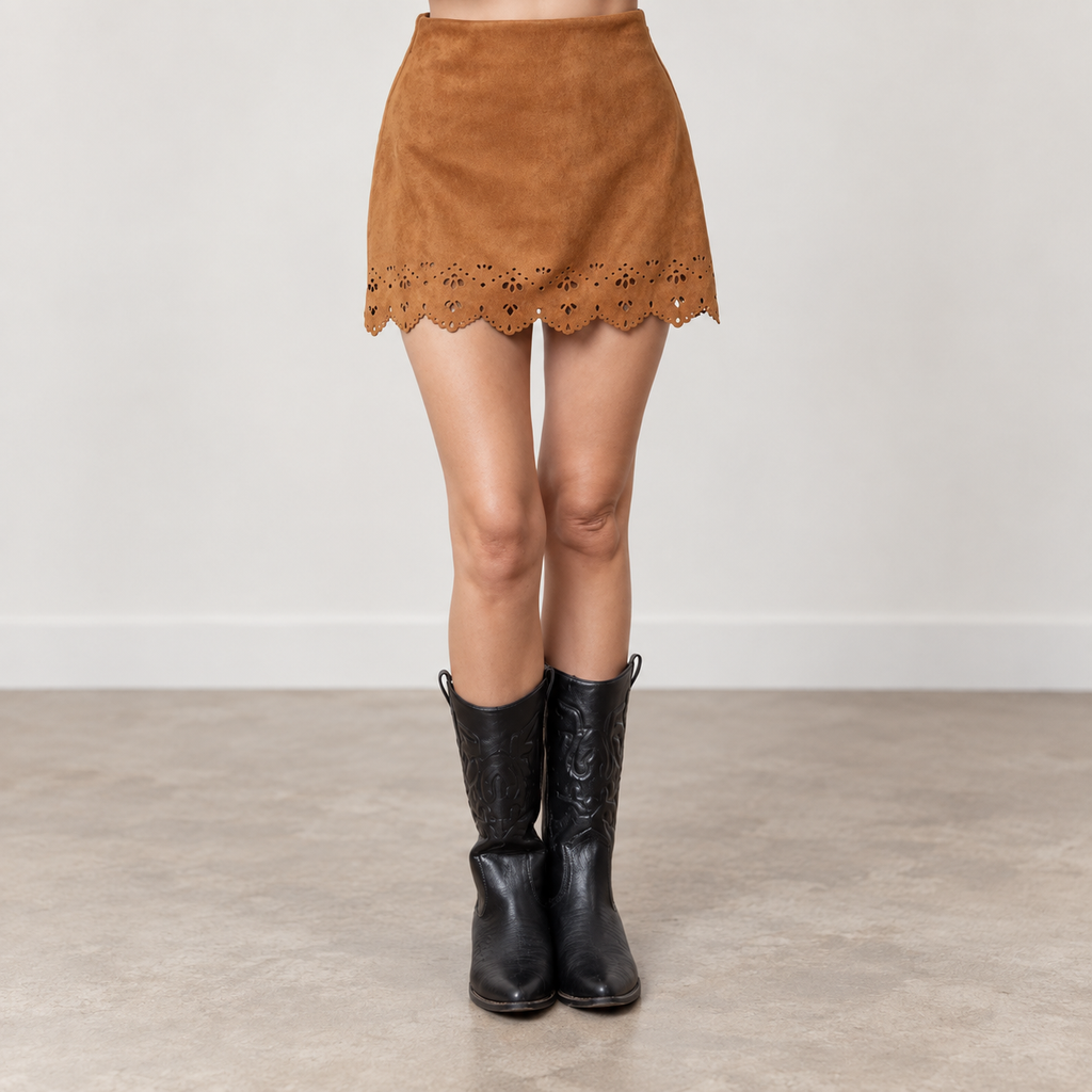 Mustard Laser-Cut Faux-Suede Mini Skirt