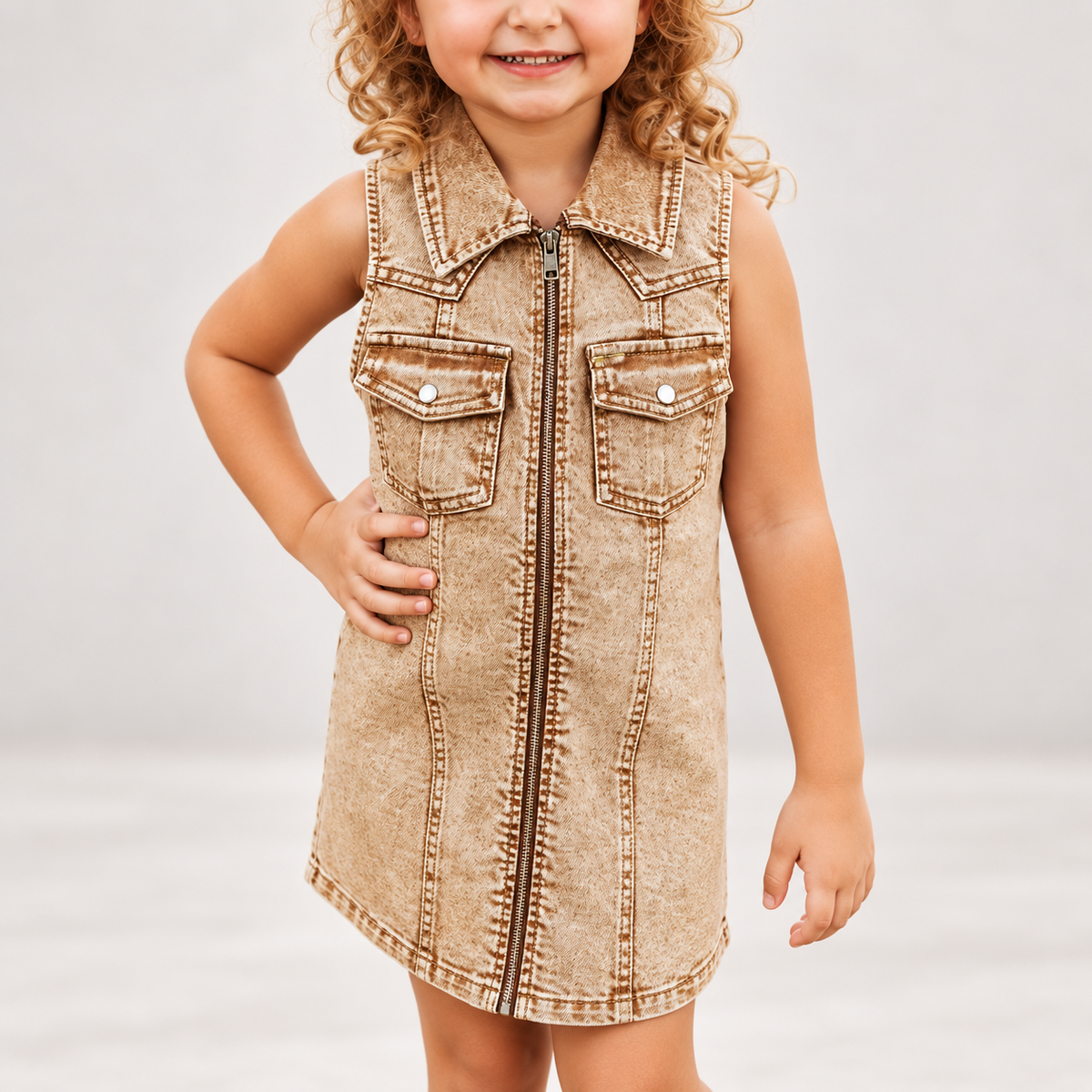 Girls Camel Western Denim Dress