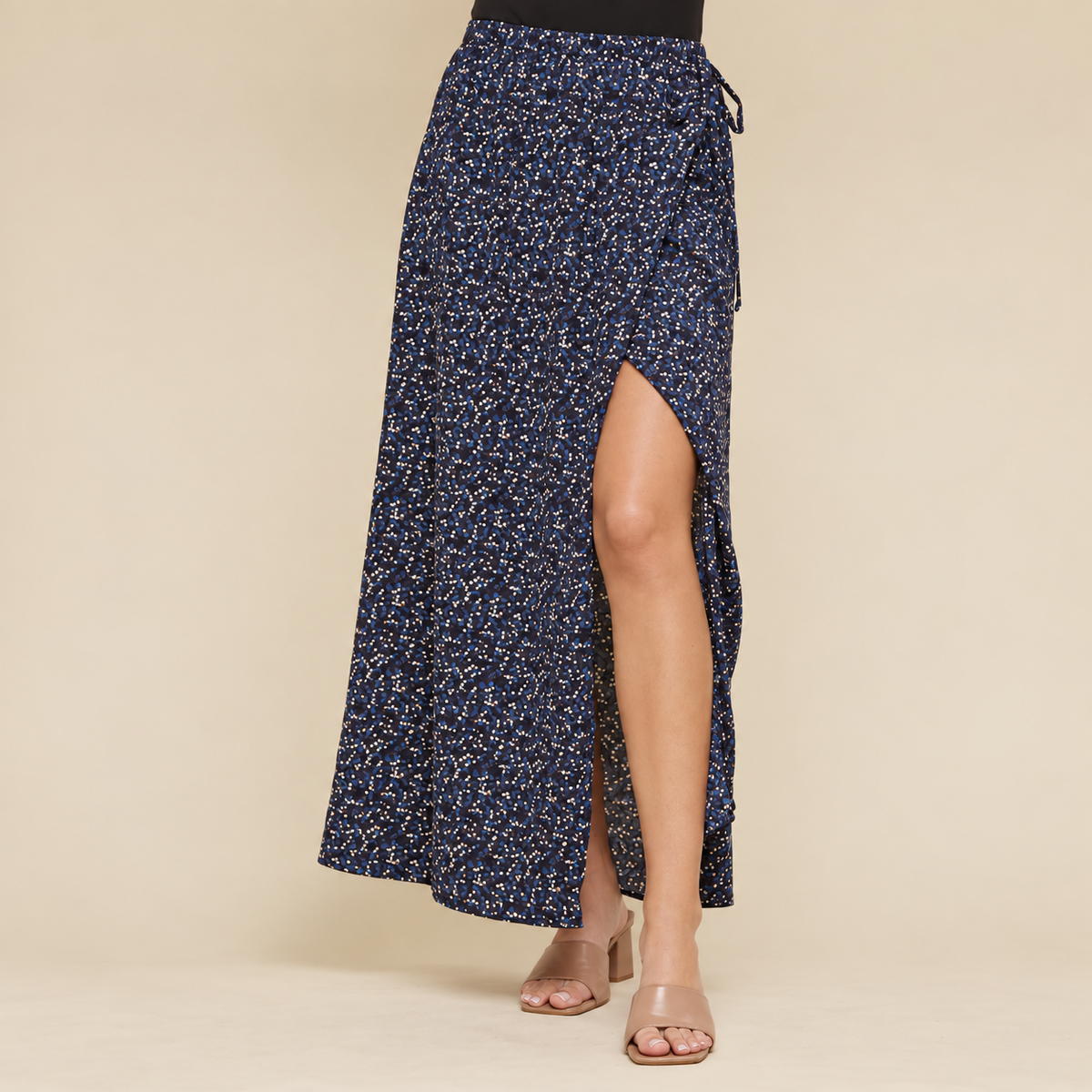 Navy Printed Wrap Midi Skirt
