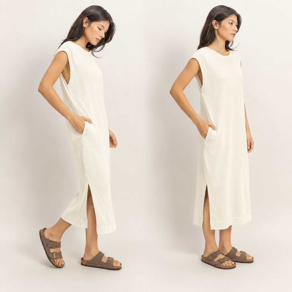 Mineral Wash Cap-Sleeve Midi Dress