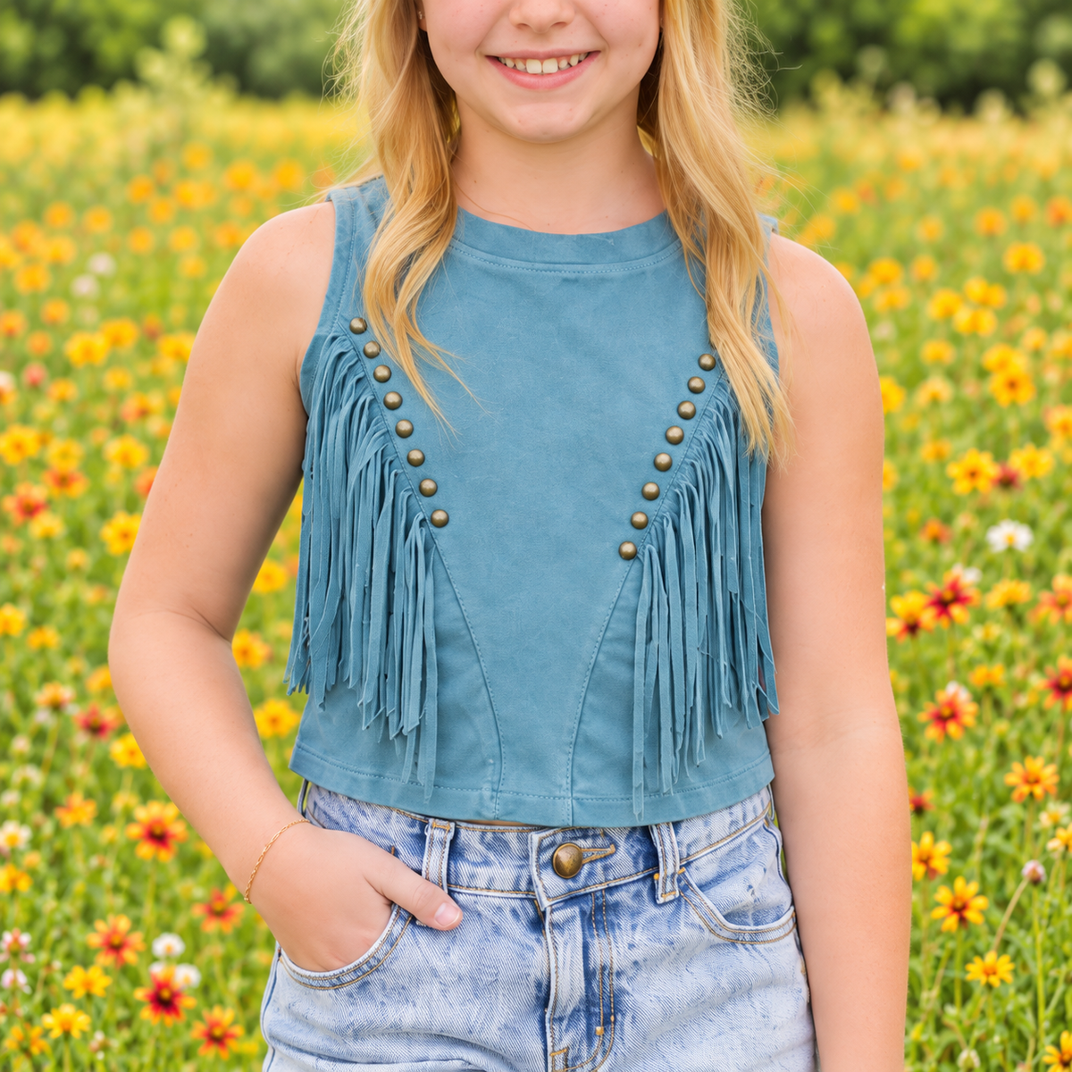 Girls Turquoise Faux-Suede Fringe Top