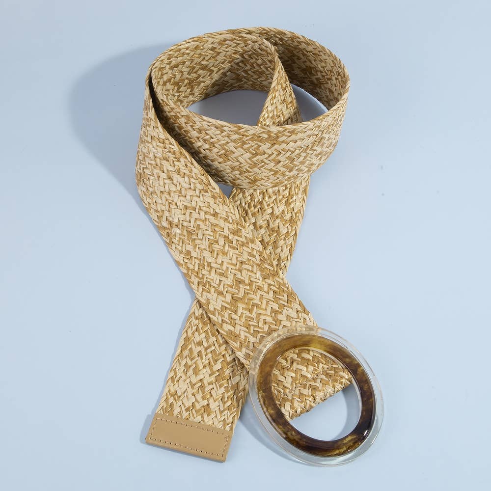 Round Buckle Woven Straw Belt