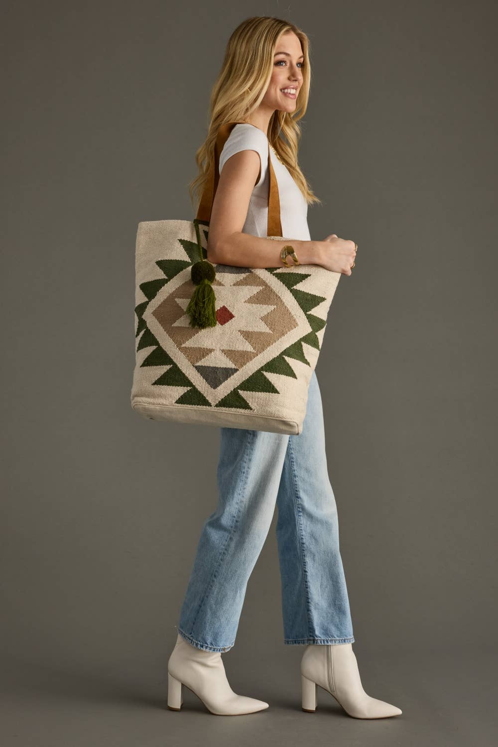 Cream + Green Western Tote