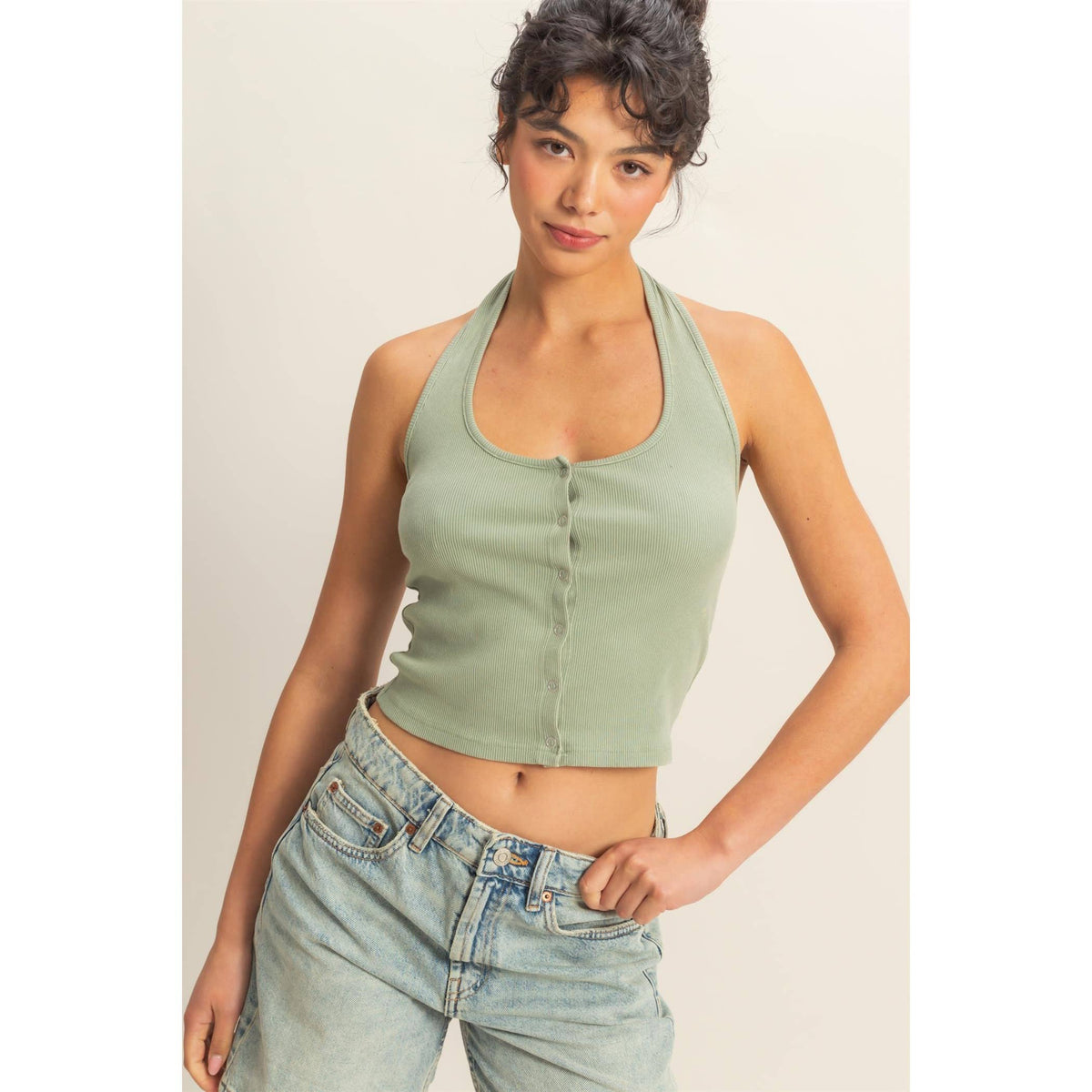 Halter Neck Buttoned Washed Tank Set