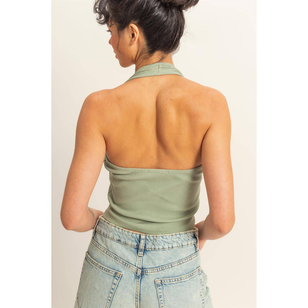 Halter Neck Buttoned Washed Tank Set