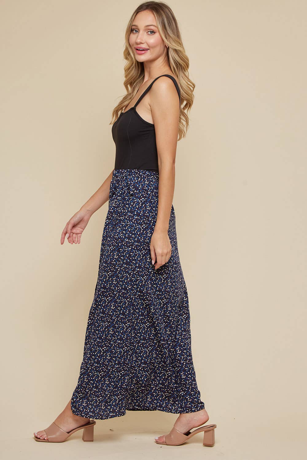 Navy Printed Wrap Midi Skirt