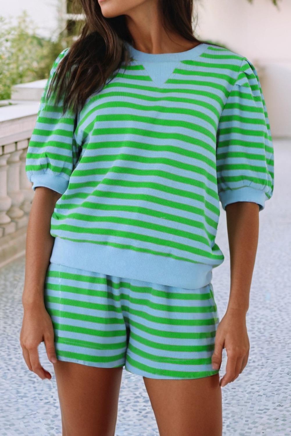 Green Stripe Puff Sleeve Short Set
