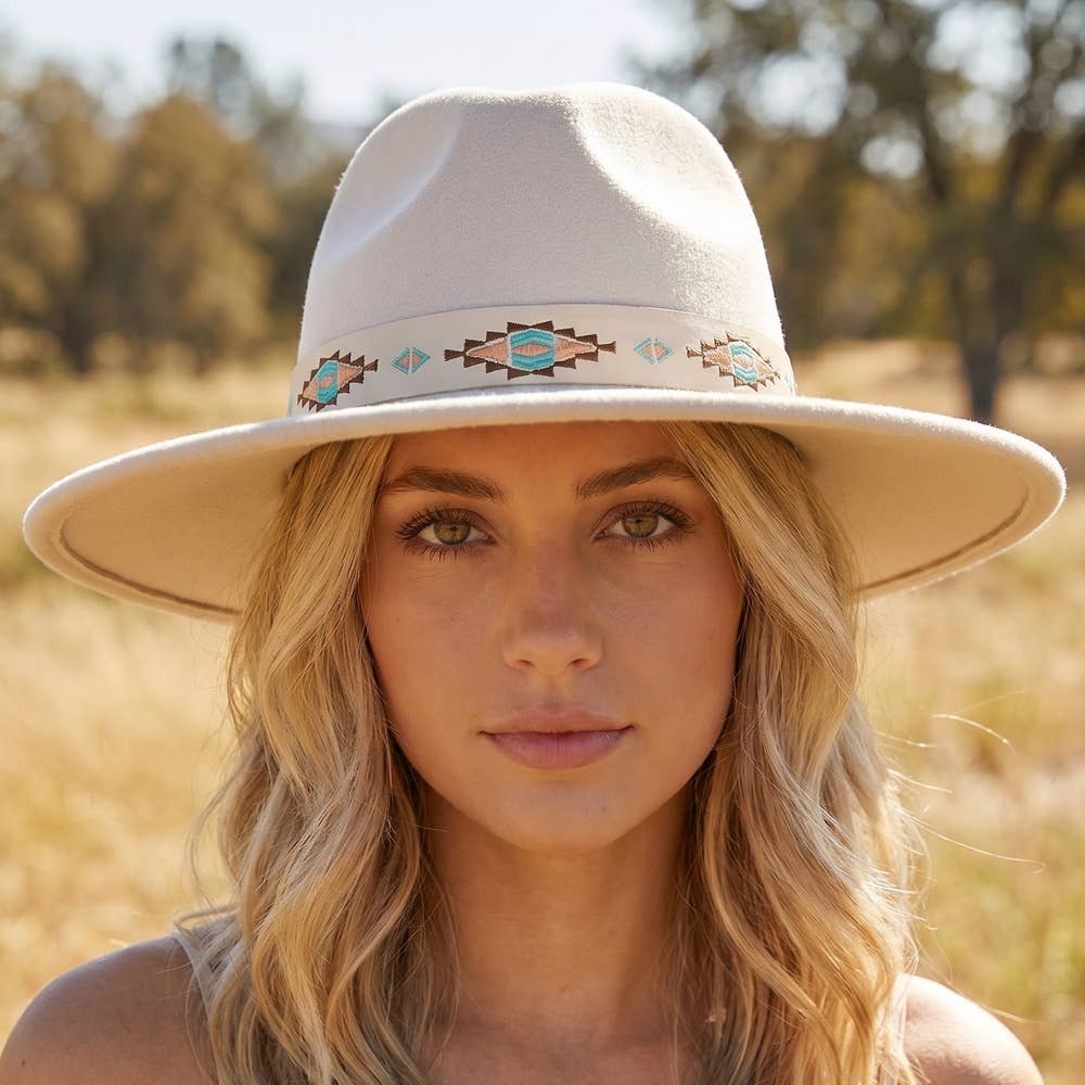 Embroidered Ribbon Wide Brim Fedora