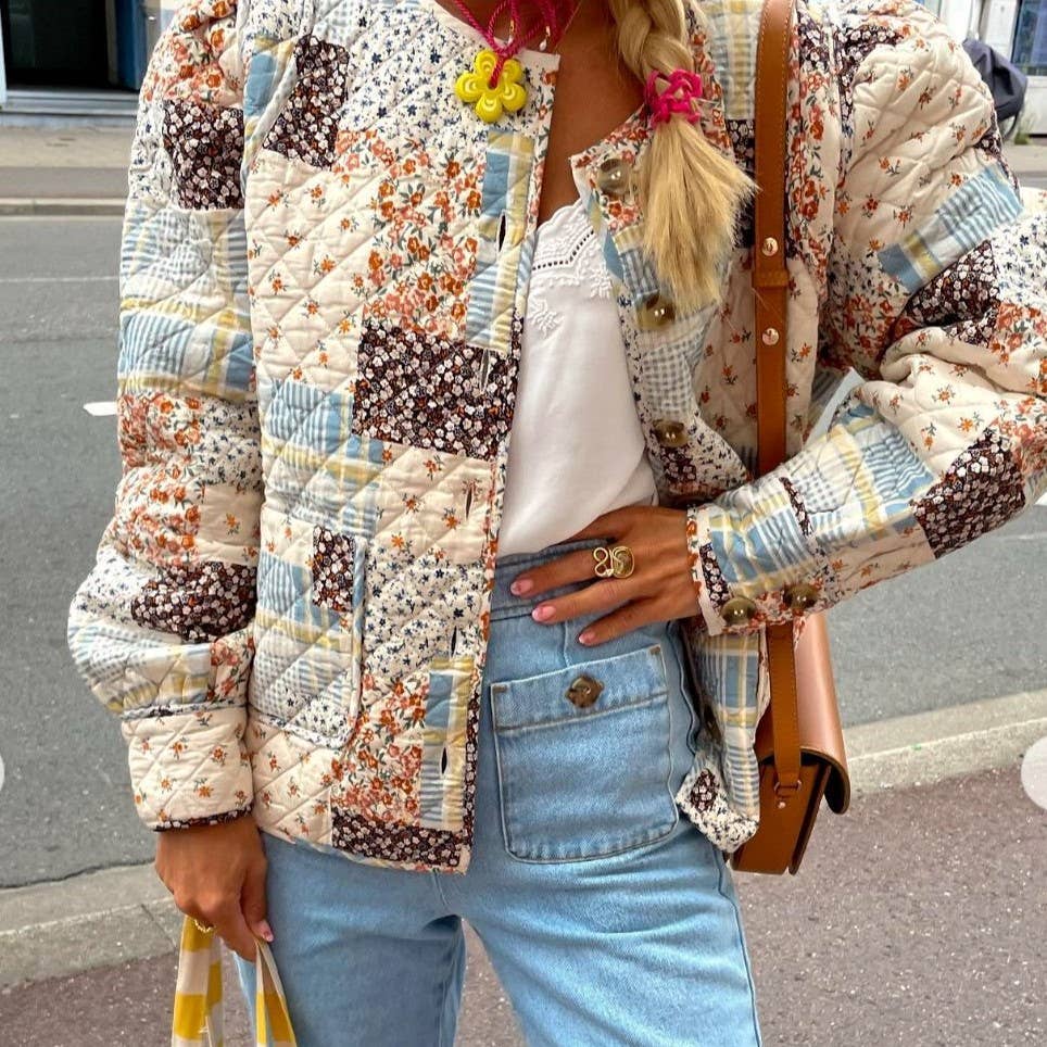 Color Block Floral Quilted Jacket