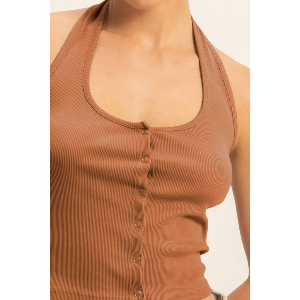 Halter Neck Buttoned Washed Tank Set