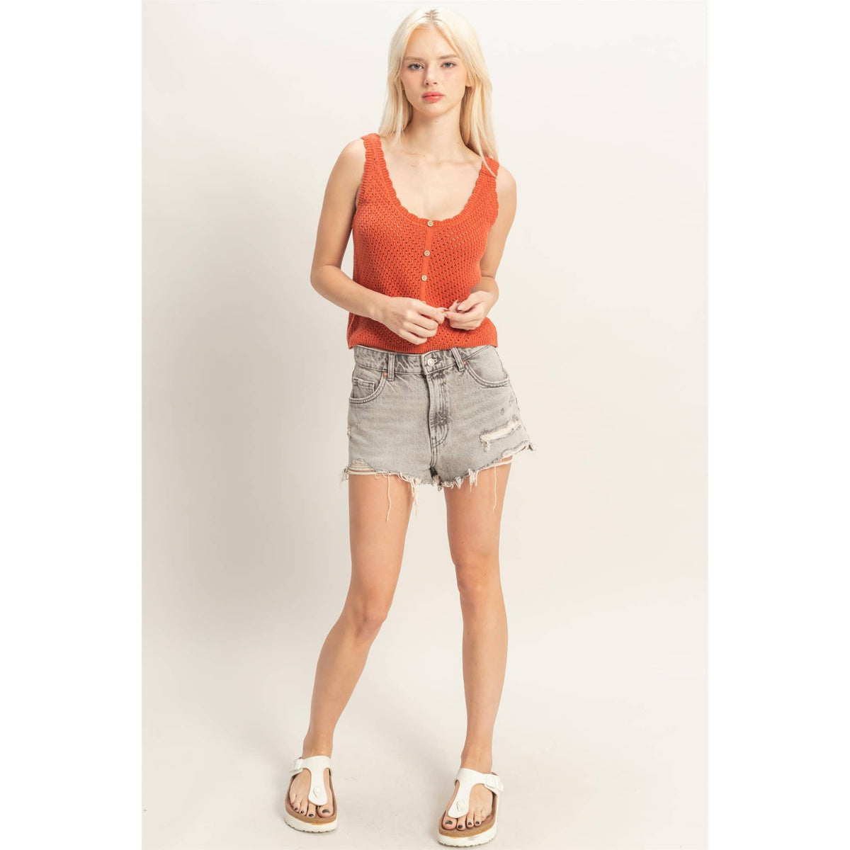 Scallop Button-Front Knit Tank