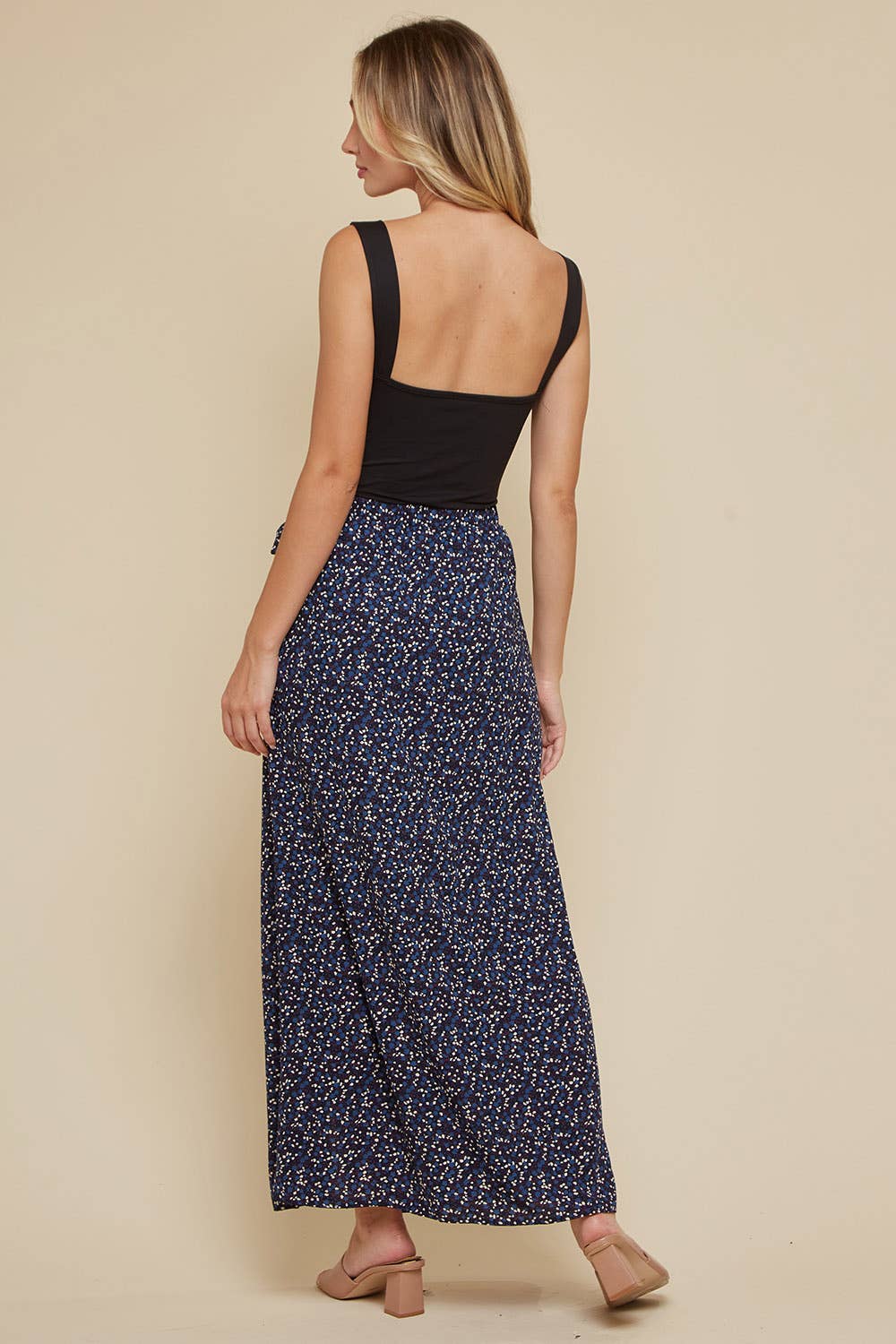 Navy Printed Wrap Midi Skirt